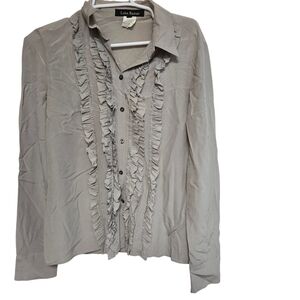 Lida Baday Gray Silver 100% Silk Ruffle Blouse Size 10